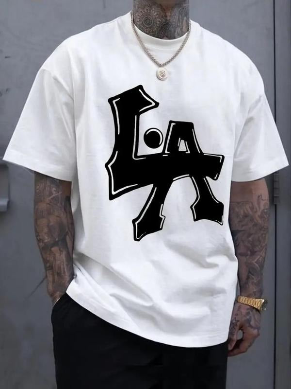 Men's Letter Print Round Neck Tee, Regular Fit Casual Short Sleeve T-shirt for Summer, Men's Top for Daily Wear style 03...