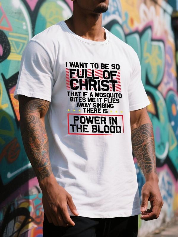 Men's Letter Print Round Neck Tee, Regular Fit Short Sleeve Crew Neck T-Shirt for Daily Outdoor Wear, Casual Comfy...
