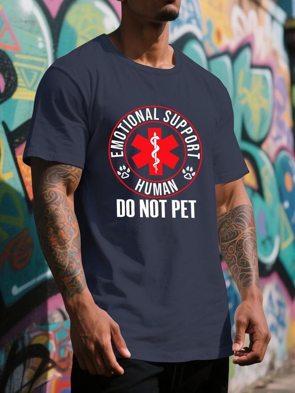Men's Letter Print Round Neck Tee, Regular Fit Short Sleeve Crew Neck T-Shirt for Emotional Support Human, Casual Comfy...
