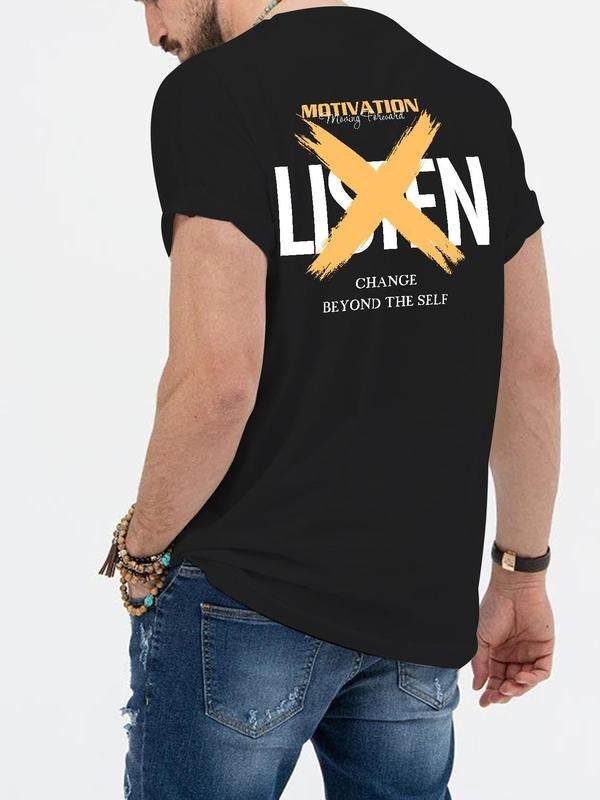 Men's Letter Print Round Neck Tee, Summer Clothes Regular Fit Fashionable Short Sleeve Crew Neck T-Shirt for Daily Wear,...