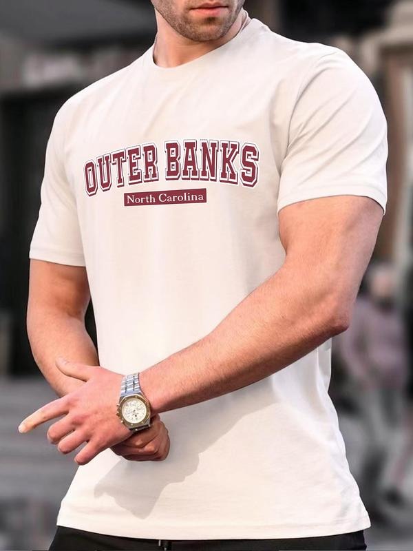 Men's Letter Print Short Sleeve Tee, Summer Clothes, Regular Fit Round Neck Graphic T-shirts for Men, Summer Casual Comfy...
