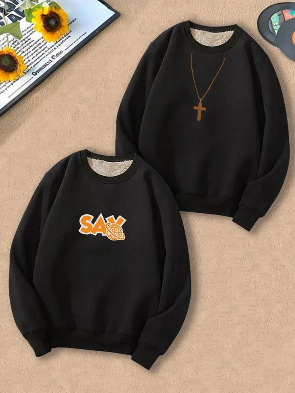 Men's Letter Print Sweatshirt & Cross Necklace Set, Casual Long Sleeve Round Neck Pullover & Chain for Daily Wear, Men's...