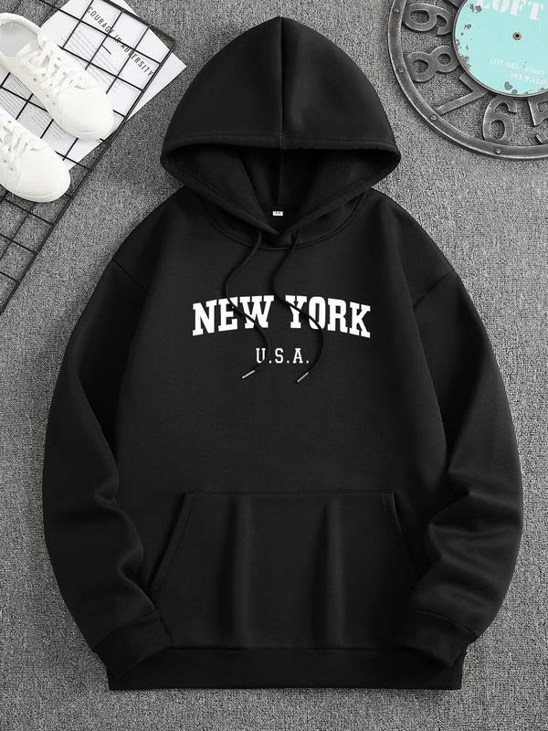 Men's Letter Print Thermal Lined Hoodie, Casual Regular Fit Long Sleeve Hooded Sweatshirt for Spring & Fall, Fashion...