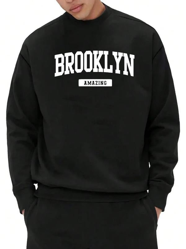 Men's Letter Print Thermal Lined Sweatshirt, Casual Soft Comfy Regular Fit Long Sleeve Round Neck Pullover for Fall &...