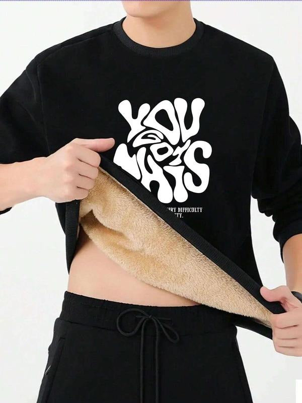 Men's Letter Print Thermal Lined Sweatshirt, Regular Fit Casual Soft Comfy Long Sleeve Round Neck Pullover for Fall &...