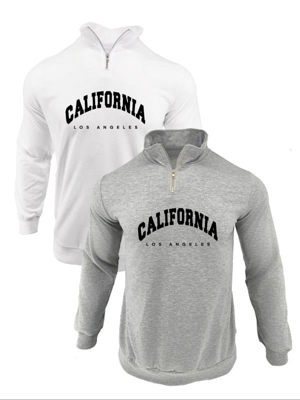 Men's Letter Print Zipper Sweatshirt, Casual Regular Fit Long Sleeve Stand Collar Pullover for Fall & Winter, Men's...