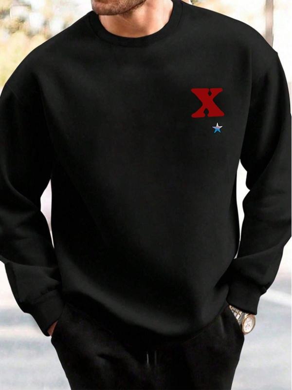 Men's Letter X Print Drop Shoulder Sweatshirt, Loose Casual Soft Comfy Long Sleeve Round Neck Pullover for Daily Wear,...