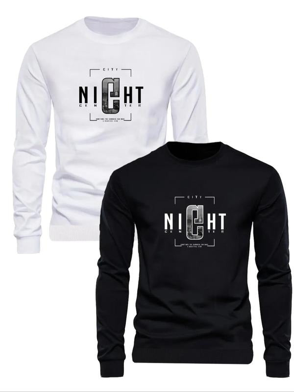 Men's Letters Print Round Neck Sweatshirt Set, Regular Fit Casual Long Sleeve Pullover for Fall & Winter, Men's Clothes...