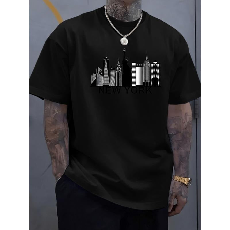 Men's Light Blue Graphic Letter T Shirt Streetwear Casual Short Sleeve Tee Regular Fit Summer Top With Ribbed Collar Hand...