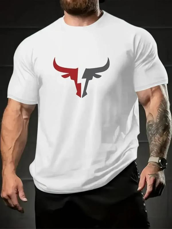 Men's Lightning Bull Head Print Round Neck Tee, Regular Fit Casual Short Sleeve Crew Neck T-Shirt for Daily Wear, Men's...