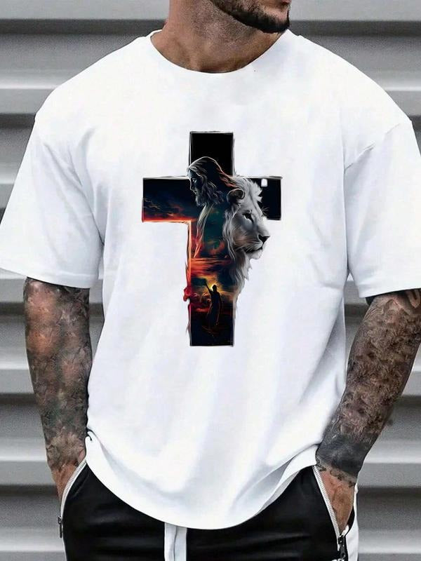 Men's Lion & Cross Print Short Sleeve Graphic Tee, Casual Comfy T-shirt for Summer, Fashion Men's Top for Daily Wear,...