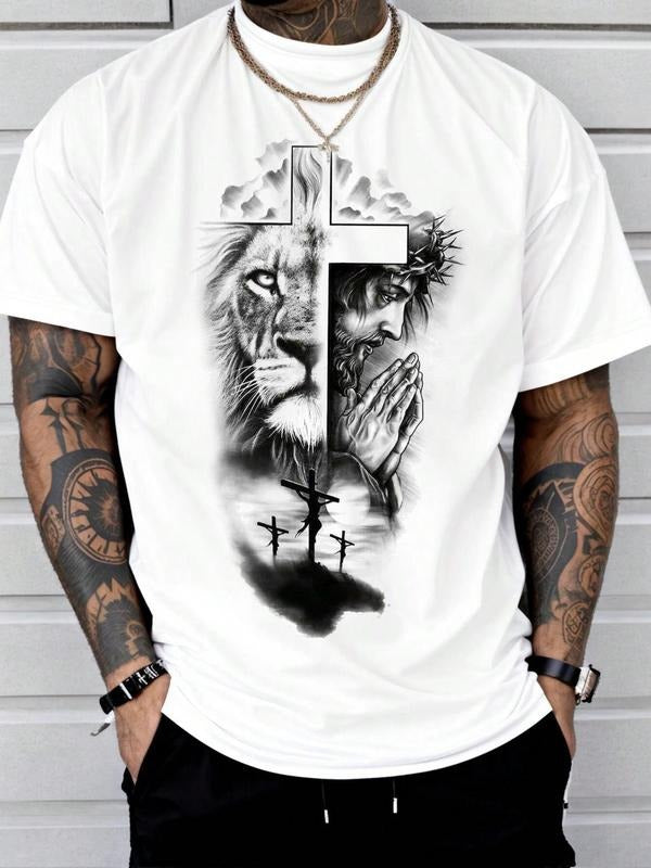 Men's Lion & Jesus Print Casual Graphic Design Round Neck Tee, Regular Fit Casual Short Sleeve Crew Neck T-Shirt for...