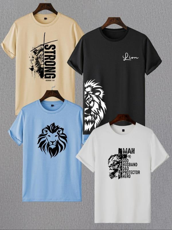 Men's Lion & Letter Print Round Neck Tee, Regular Fit Casual Short Sleeve Crew Neck T-shirt,  Men's Top for Summer Daily...