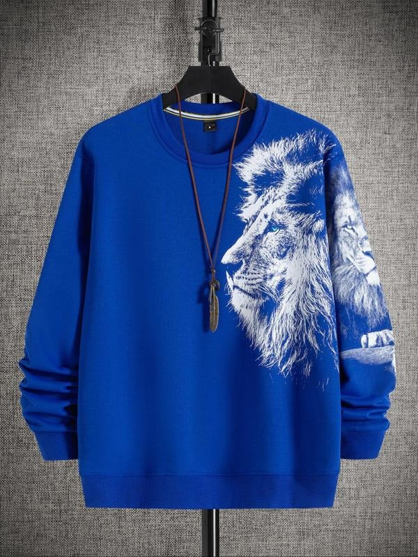 Men's Lion Print Drop Shoulder Sweatshirt, Casual Fashion Sweatshirt, Regular Fit Casual Street Soft Comfy Long Sleeve...