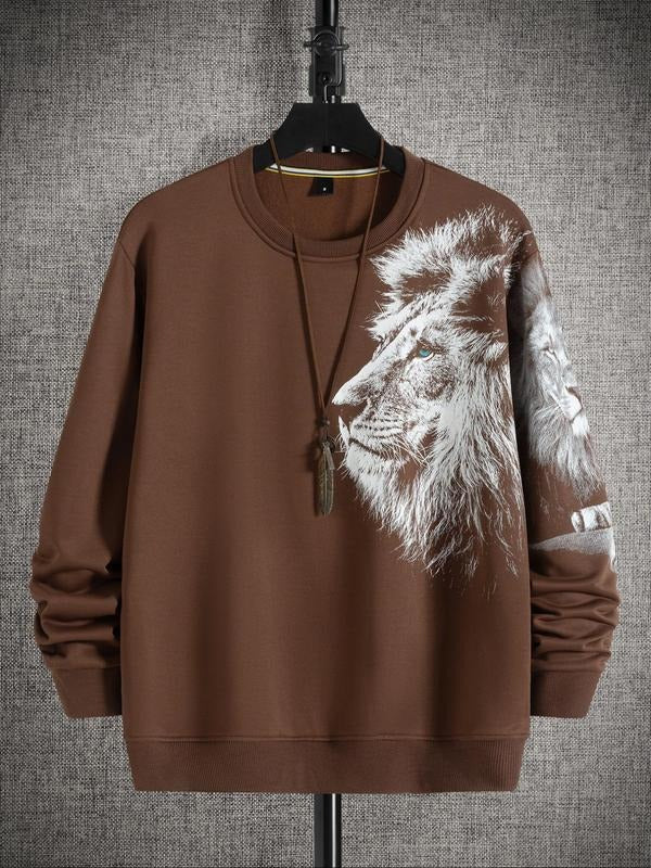 Men's Lion Print Round Neck Sweatshirt, Regular Fit Casual Long Sleeve Crew Neck Pullover for Fall & Winter, Fashion...