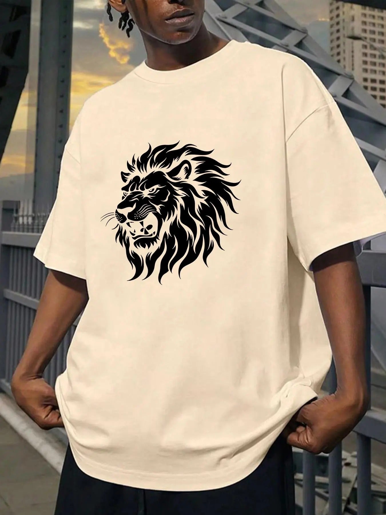 Men's Lion Print Round Neck Tee, Loose Casual Fashion Short Sleeve T-shirt for Summer, Men's Top for Daily Wear Hoodie,...