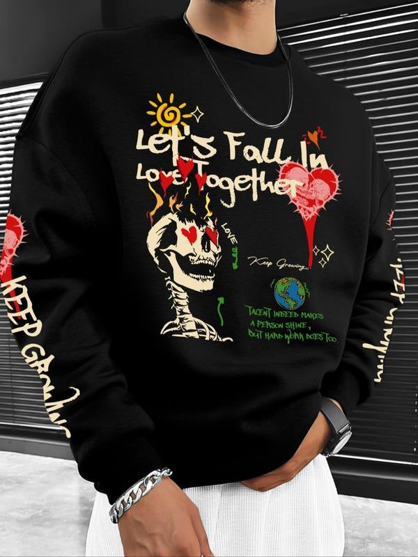 Men's Long Sleeve Hoodie, Cartoon Skull Graffiti Pattern, Fun Casual Fitted Sweatshirt, Fall & Winter Fashion, Unisex...