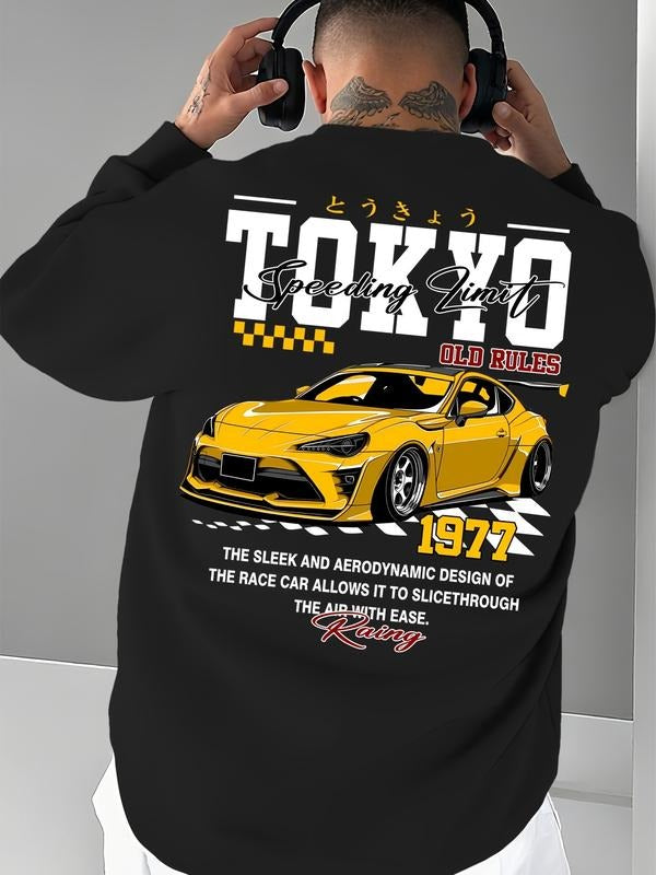 Men's Long Sleeve Pullover Sweatshirt, Tokyo Racing Cartoon Pattern, Casual Fitted Design, Fall & Winter Fashion, Unisex...