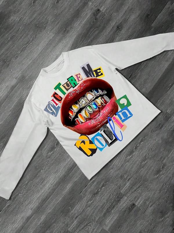 Men's Long Sleeve T-Shirt with Lip Print, Colorful Letters, Comfortable Sporty Street Style, Casual Fashion for Outdoor...