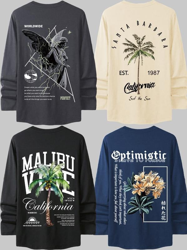 Men's Long Sleeve T-Shirt with Trendy Patterns and Text Prints, Comfortable Breathable Round Neck Tee, Casual Fitted Base...