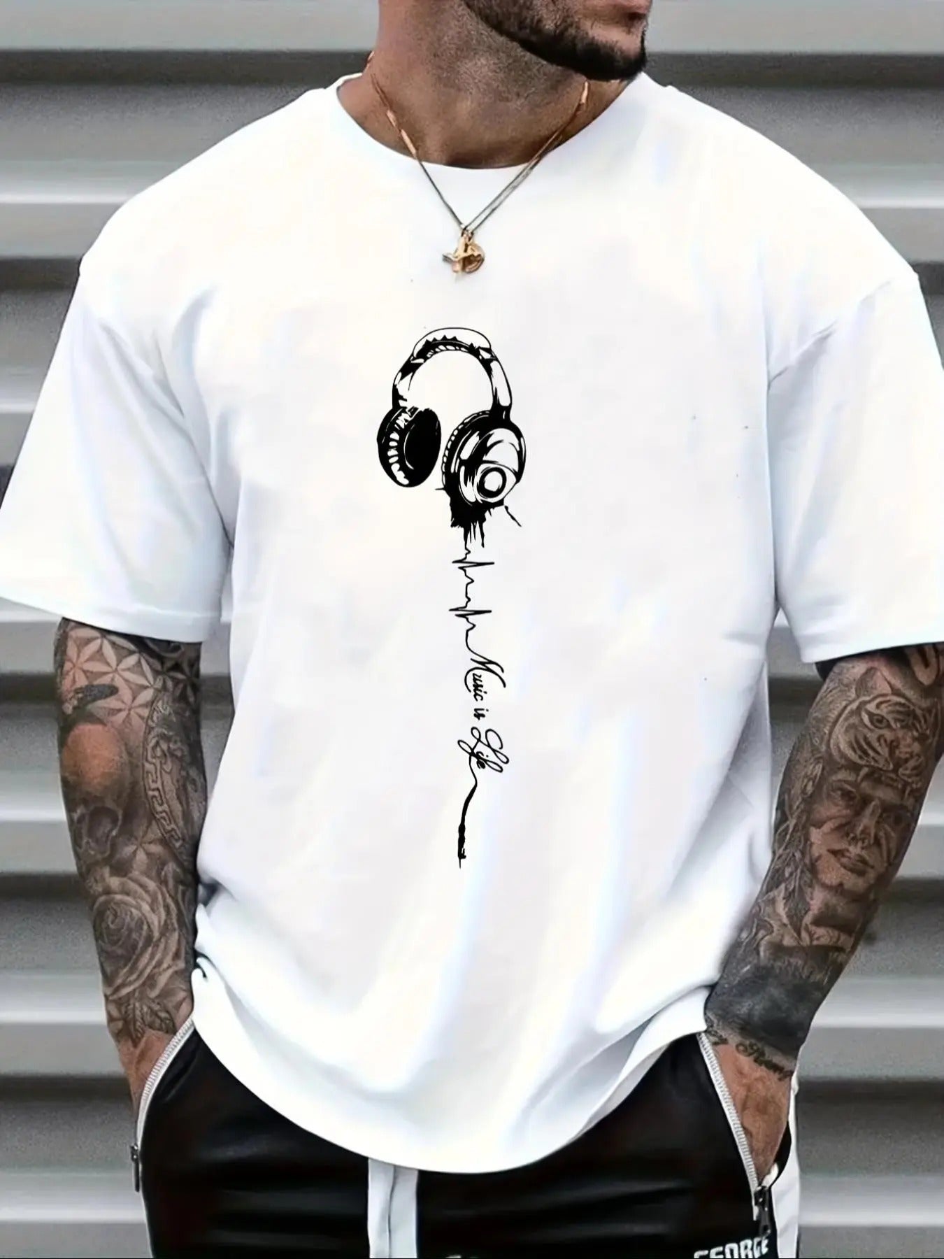 Men's Loose Letter & Headphone Print Drop Shoulder Graphic Tee, Casual Comfy Round Neck Short Sleeve T-Shirt for Summer,...