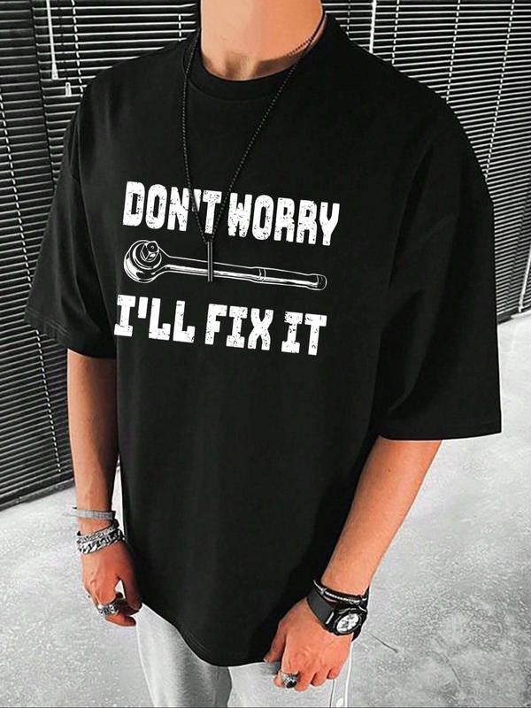 Men's Loose Letter Print Drop Shoulder Tee, Casual Comfy Half Sleeve Round Neck T-Shirt for Summer, Men's Top for Daily...