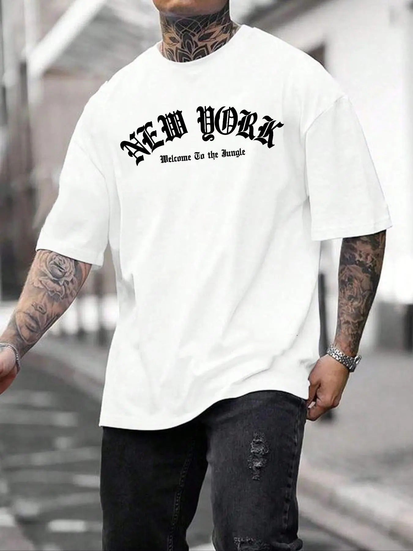 Men's Loose Letter Print Round Neck Drop Shoulder Tee, Casual Short Sleeve Crew Neck T-shirt for Summer, Streetwear Men's...