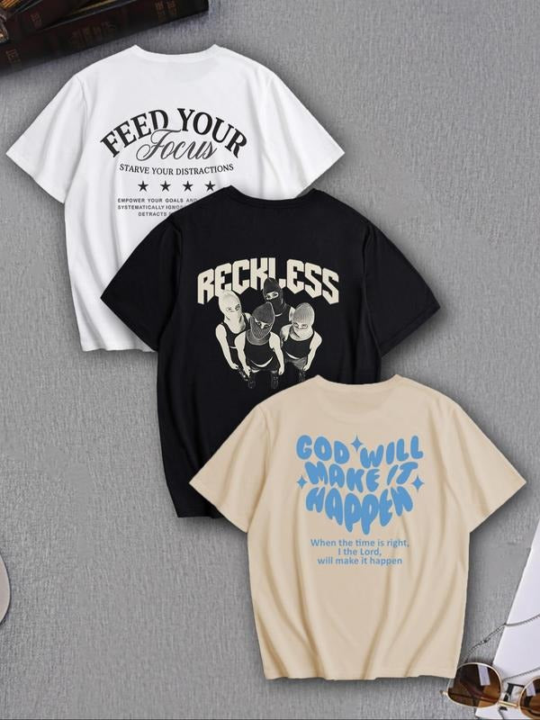 Men's Loose Letter Print Round Neck Tee, Casual Short Sleeve Crew Neck T-shirt for Summer, Fashion Men's Top for Daily...