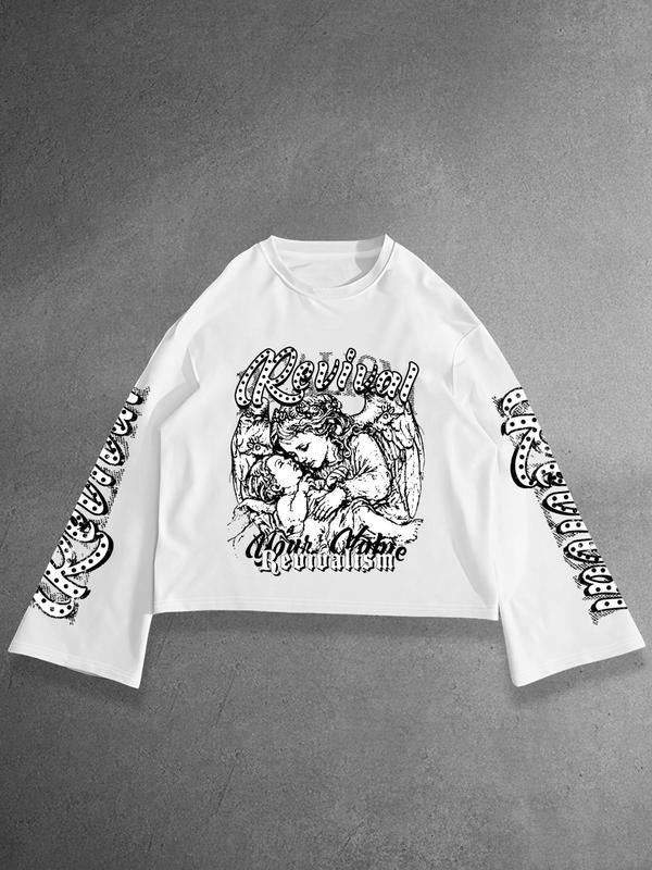 Men's Loose Round Neck Long Sleeve T-Shirt, Creative Graphic Angel Print, Fall Streetwear, Fashion Casual Daily Wear...