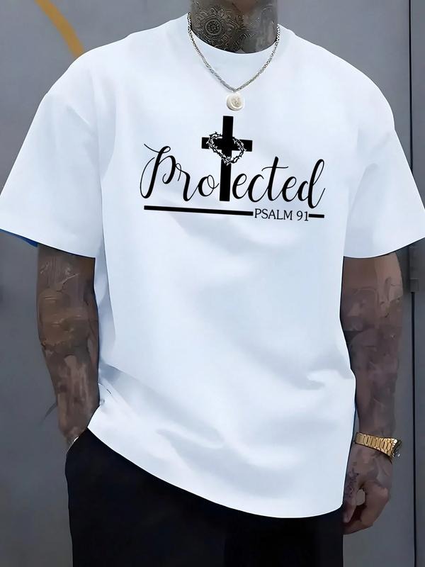 Men's Loose Short Sleeve T-Shirt, Plain Simple Cross Psalm 91 Bible Print, Christian Faith Theme, Casual Streetwear for...