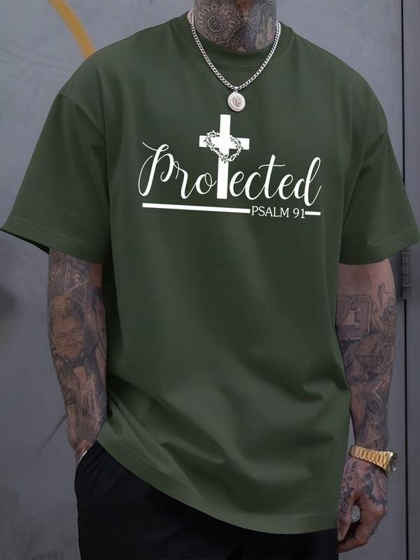 Men's Loose Short Sleeve T-Shirt, Plain Simple Cross Psalm 91 Bible Print, Christian Faith Theme, Casual Streetwear for...