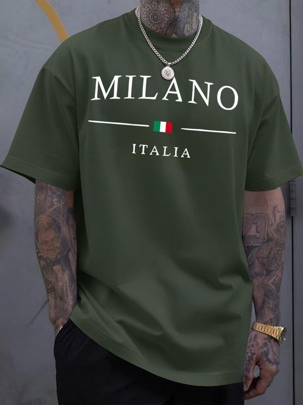 Men's Loose Short Sleeve T-Shirt, Trendy Casual Style, Milan Italy Design, Italian Flag Print, Geometric Pattern, All...