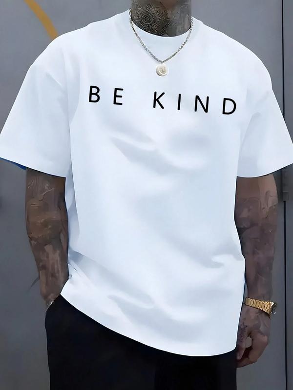 Men's Loose Short Sleeve T-Shirt, Trendy Letter Print Be Kind Design, Summer Casual Streetwear, Fitted Short Sleeve Tee...