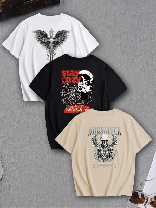 Men's Loose Skull & Letter & Wing Print Round Neck Graphic Tee, Casual Drop Shoulder Short Sleeve T-shirt for Summer,...