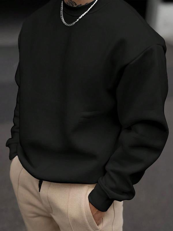 Men's Loose Solid Drop Shoulder Round Neck Sweatshirt, Casual Minimalist Long Sleeve Crew Neck Pullover For Spring Fall,...