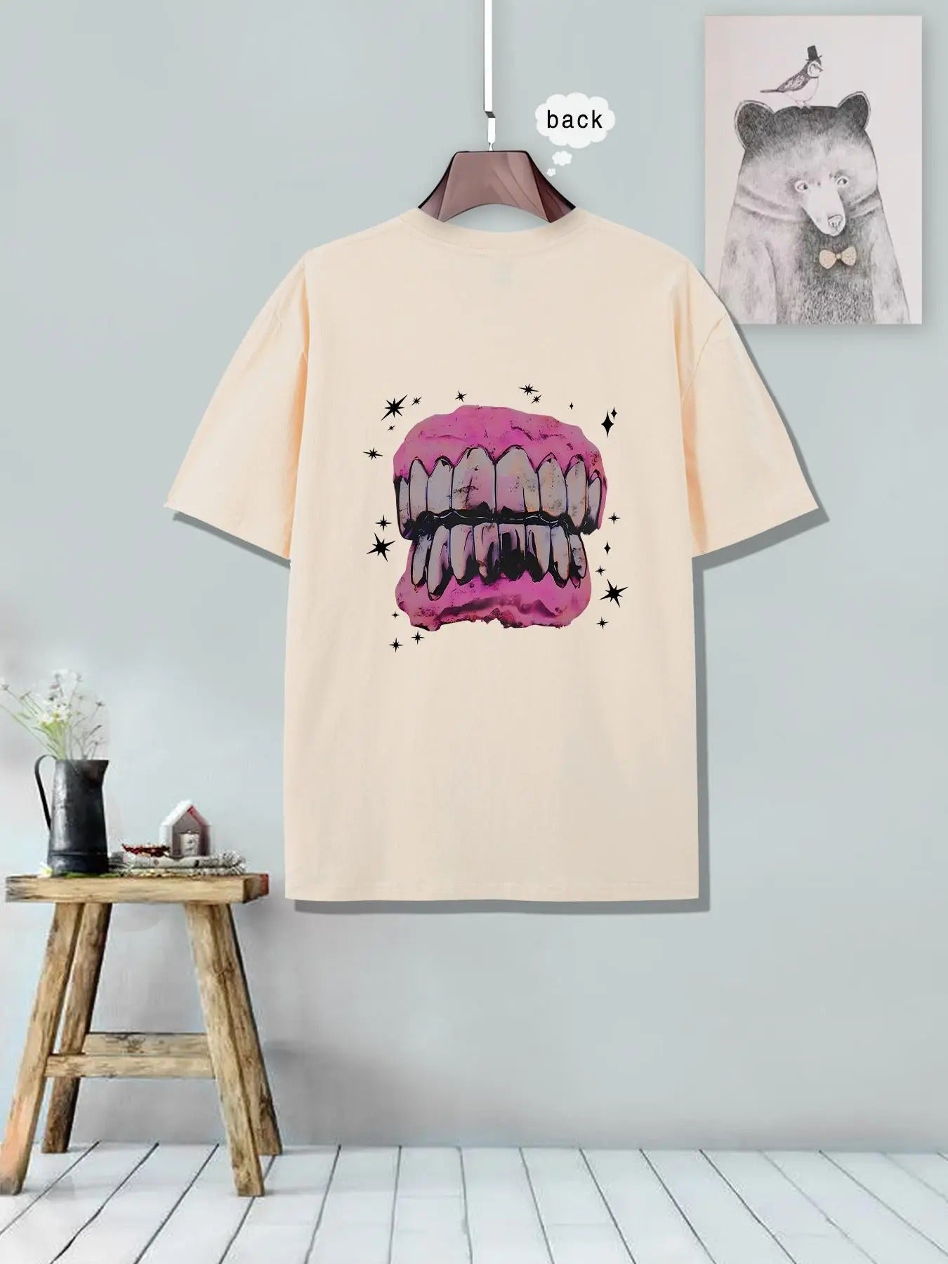 Men's Loose Teeth & Star Print Drop Shoulder Tee, Casual Streetwear Short Sleeve Round Neck T-shirt for Summer, Fashion...