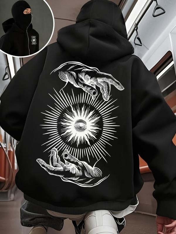Men's Loose Zip Hoodie, Soft Mystery Eye Print, Street Dark Aesthetic, Comfortable Loose Fit, Trendy Urban Casual Wear,...