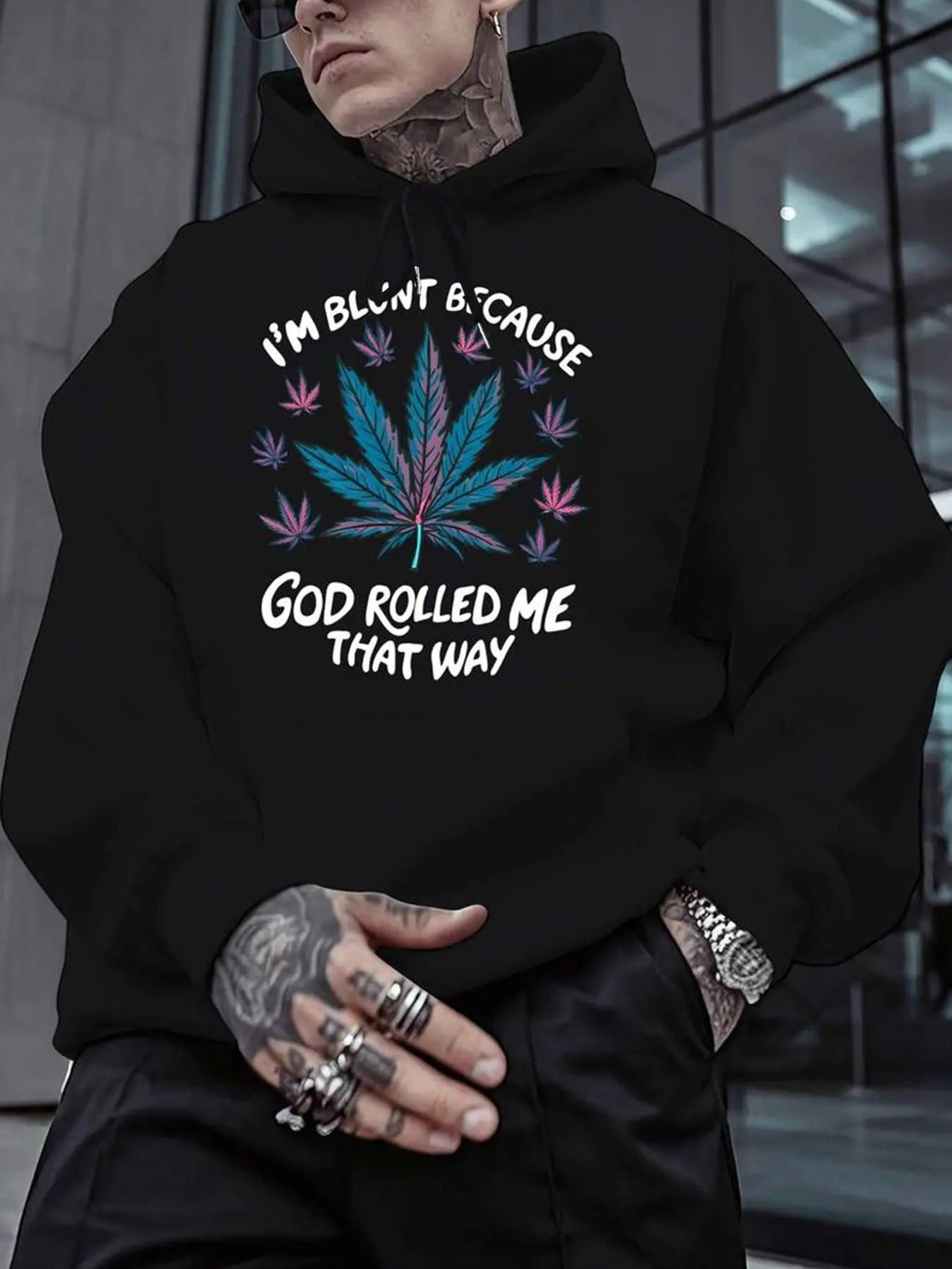 Men's Marijuana Leaf & Letter Print Drop Shoulder Hoodie, Fashion Casual Regular Fit Drawstring Hooded Sweatshirt for...