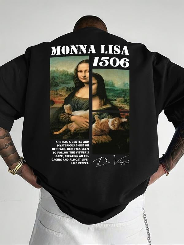 Men's Mona Lisa & Cat Print Round Neck Tee, Loose Casual Fashion Short Sleeve T-shirt for Summer, Men's Top for Daily...