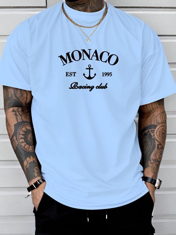Men's Monaco Letter Print Round Neck Tee, Regular Fit Casual Short Sleeve Crew Neck T-Shirt for Daily Wear, Men's Top for...