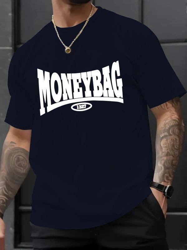 Men's Moneybag & Letter Print Round Neck Graphic Tee, Regular Fit Casual Short Sleeve T-shirt for Summer, Men's Top for...