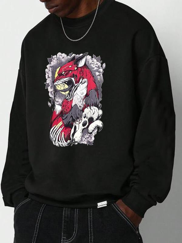 Men's Monster Print Drop Shoulder Sweatshirt, Regular Fit Casual Street Soft Comfy Long Sleeve Round Neck Pullover for...
