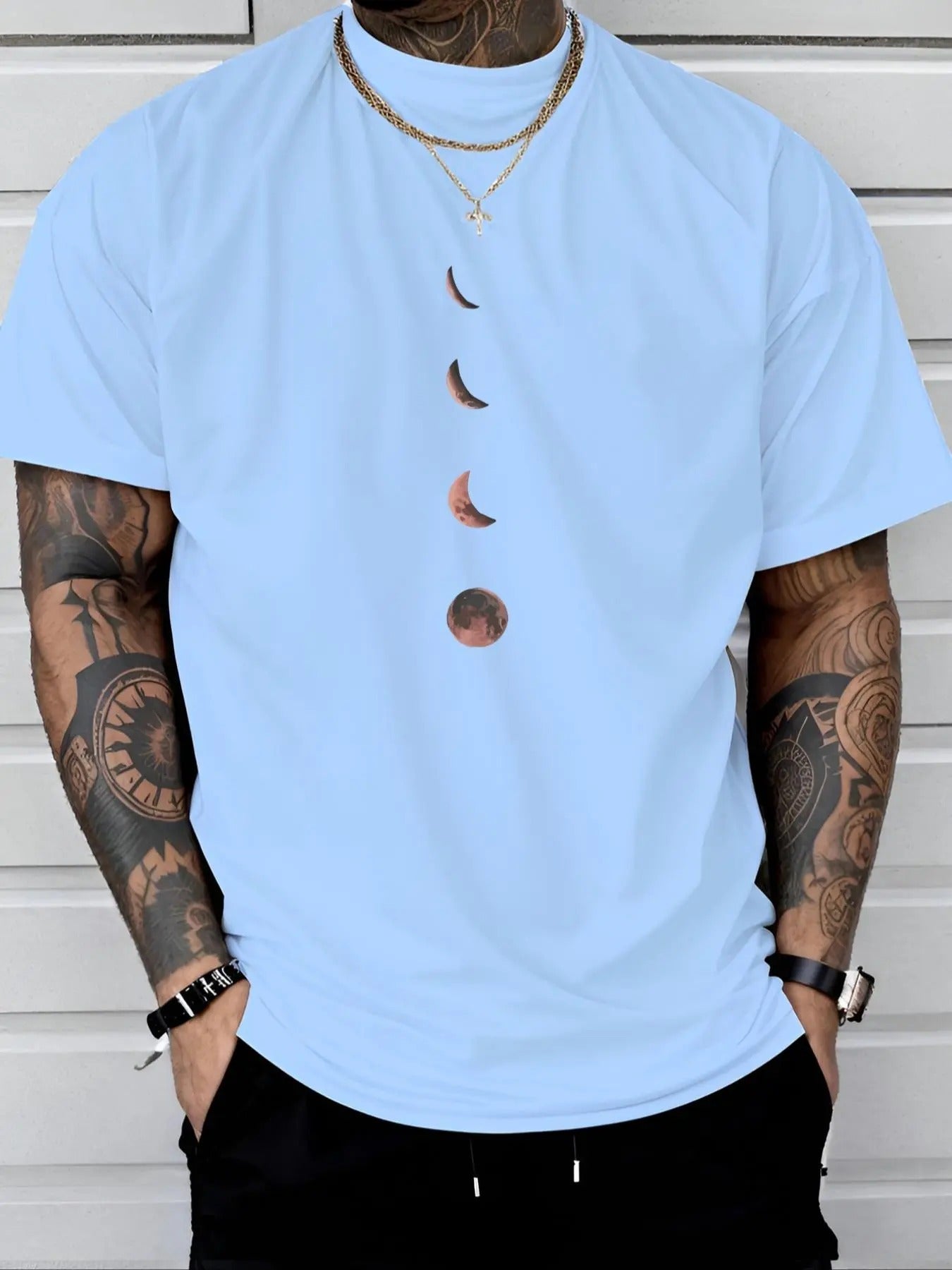 Men's Moon Print Round Neck Tee, Regular Fit Casual Short Sleeve Crew Neck T-Shirt for Daily Wear, Men's Top for All...