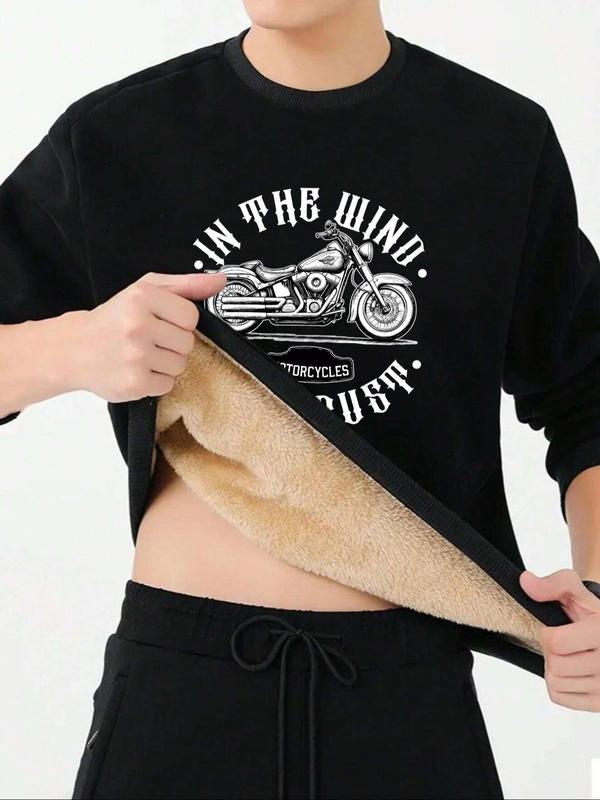 Men's Motorcycle & Letter Print Drop Shoulder Sweatshirt, Casual Soft Comfy Long Sleeve Round Neck Thermal Lined Pullover...