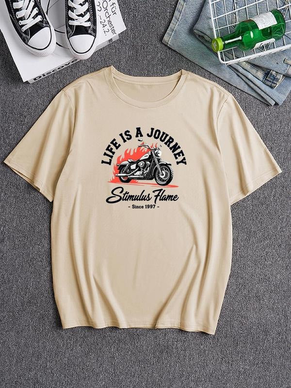 Men's Motorcycle & Slogan Print Round Neck Tee, Loose Casual Short Sleeve T-shirt for Daily Wear, Men's Top for All...