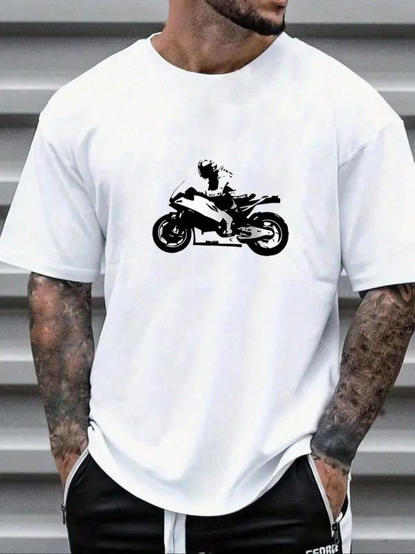 Men's Motorcycle Print Round Neck Tee, Loose Casual Short Sleeve T-shirt for Summer, Men's Top for Daily Wear Hoodie,...