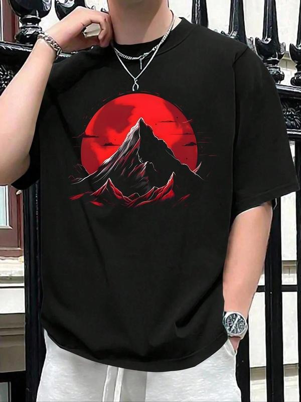 Men's Mountain & Moon Print Short Sleeve Tee, Regular Fit Casual Fashion Round Neck T-shirt for Summer, Men's Top for...