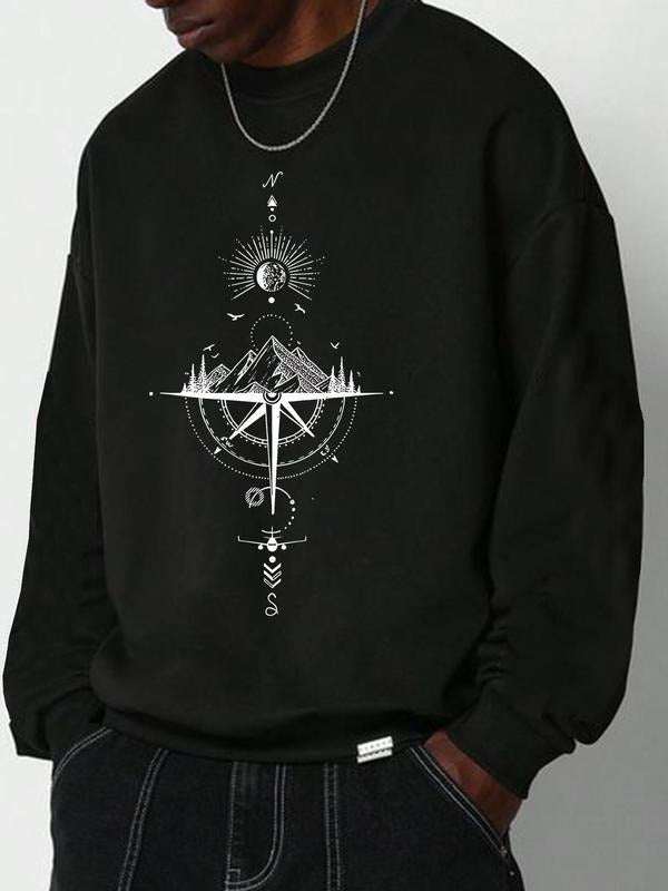 Men's Mountain Print Drop Shoulder Sweatshirt, Regular Fit Casual Soft Comfy Long Sleeve Round Neck Pullover for Fall &...