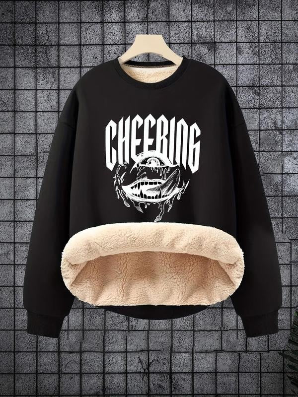 Men's Mouth & Letter Print Fleece Thermal Lined Sweatshirt, Gothic Casual Long Sleeve Round Neck Pullover for Fall &...