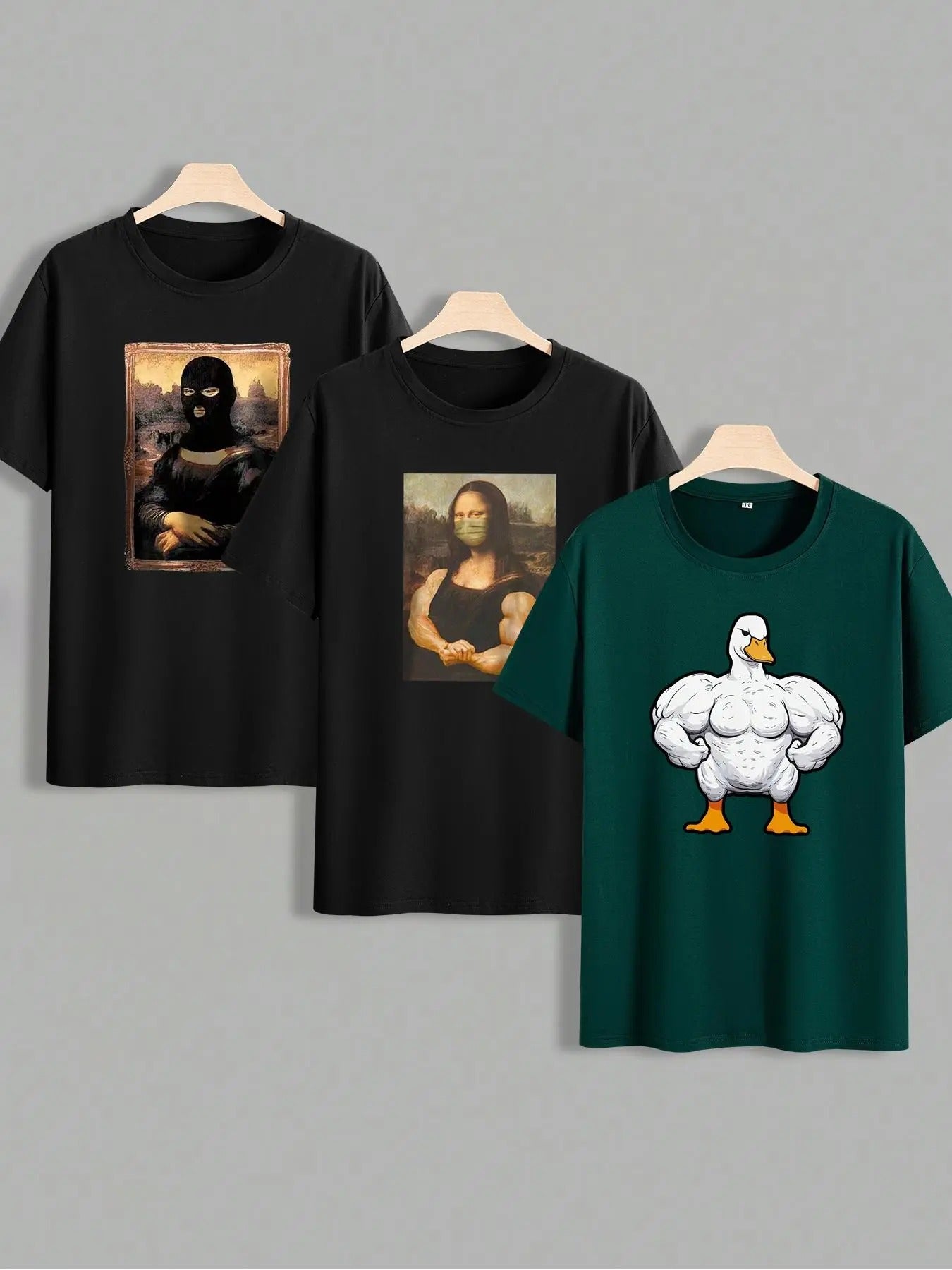 Men's Muscle Duck & Mona Lisa Graphic Print Round Neck Tee, Regular Fit Casual Comfy Short Sleeve Crew Neck T-shirt for...